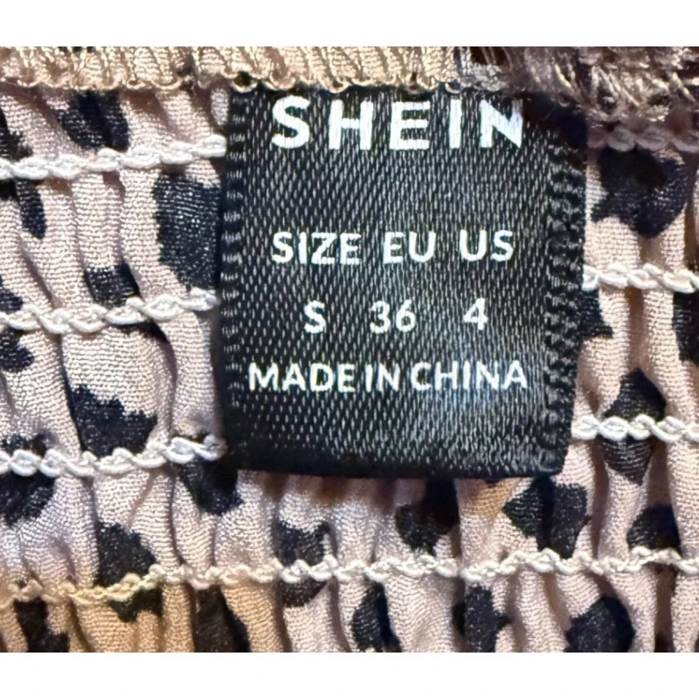 SHEIN Midi Dress Women Small Tan Black Spotted Excellent Smocked Tiered Boho